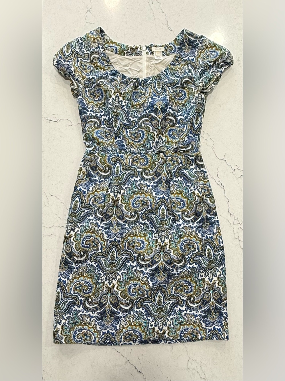 J.CREW Paisley Sheath Dress Blue White Size 2 Cap Sleeve Lined Zip Cotton